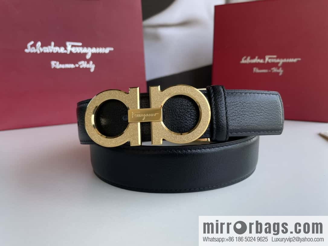 Ferragamo Men's Stainless Steel Rolling Sand Metal Buckle, First Layer Cowhide Sheep Textured Belt 3.5cm