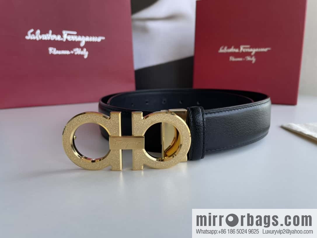 Ferragamo Men's Stainless Steel Rolling Sand Metal Buckle, First Layer Cowhide Sheep Textured Belt 3.5cm