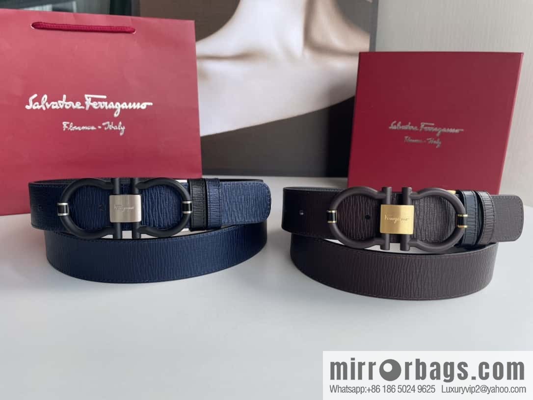 Salvatore Ferragamo Men's 3.5cm Delicate Double Circle Horseshoe Counter Version Metal Buckle Imported First Layer Cowhide Embossed Belt