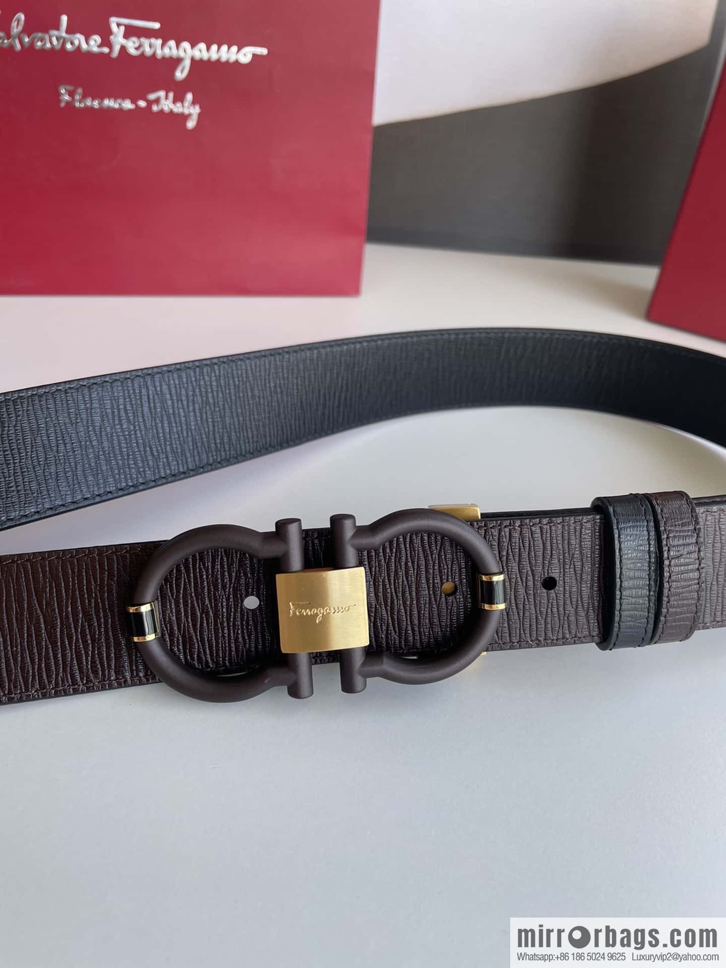Salvatore Ferragamo Men's 3.5cm Delicate Double Circle Horseshoe Counter Version Metal Buckle Imported First Layer Cowhide Embossed Belt