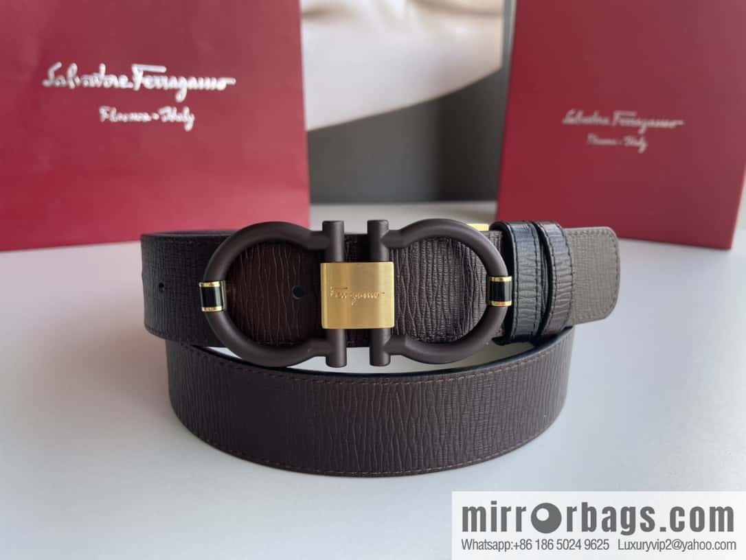Salvatore Ferragamo Men's 3.5cm Delicate Double Circle Horseshoe Counter Version Metal Buckle Imported First Layer Cowhide Embossed Belt