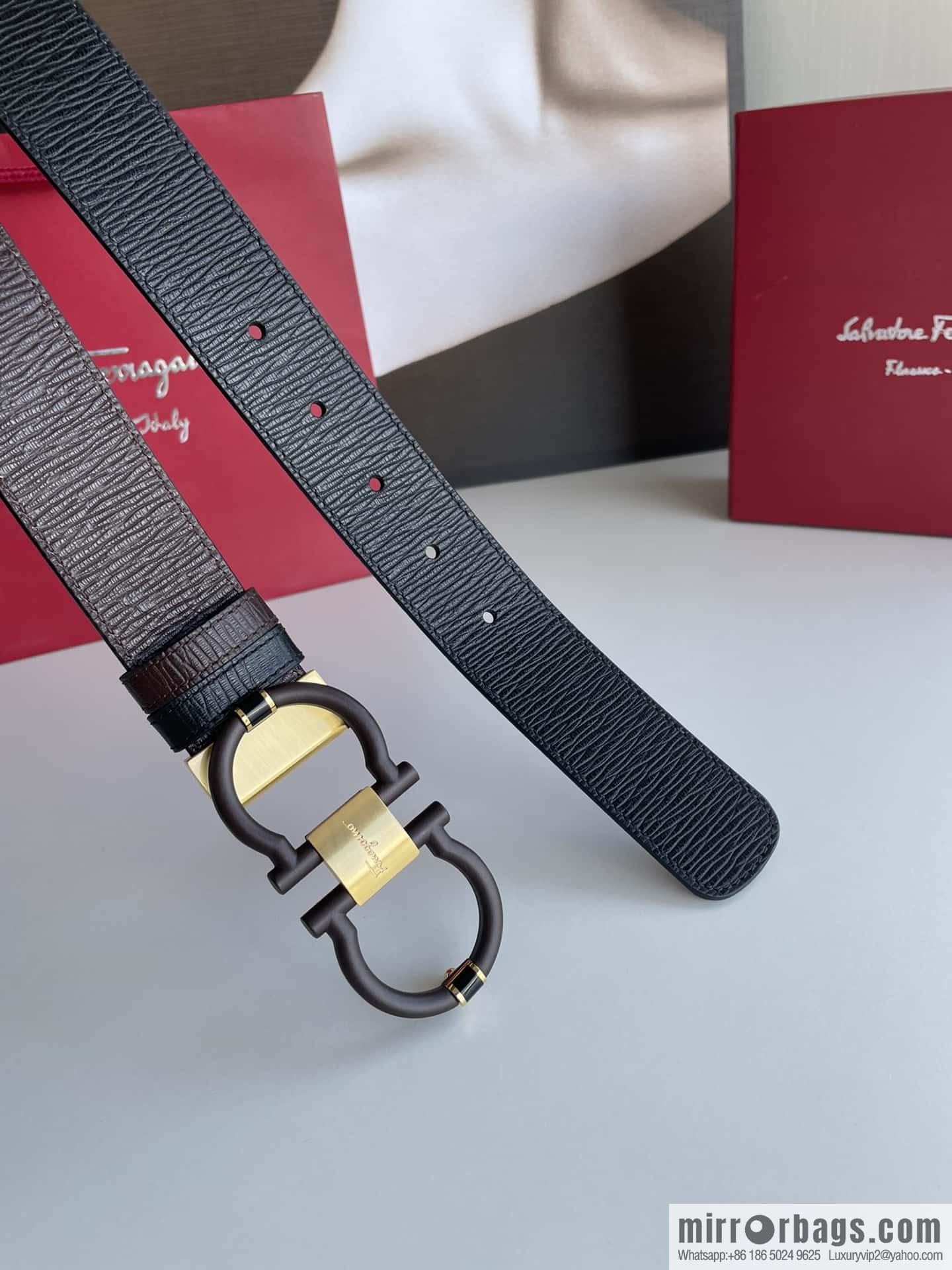 Salvatore Ferragamo Men's 3.5cm Delicate Double Circle Horseshoe Counter Version Metal Buckle Imported First Layer Cowhide Embossed Belt