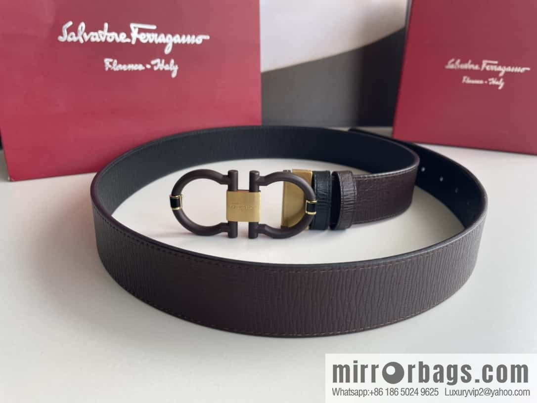 Salvatore Ferragamo Men's 3.5cm Delicate Double Circle Horseshoe Counter Version Metal Buckle Imported First Layer Cowhide Embossed Belt