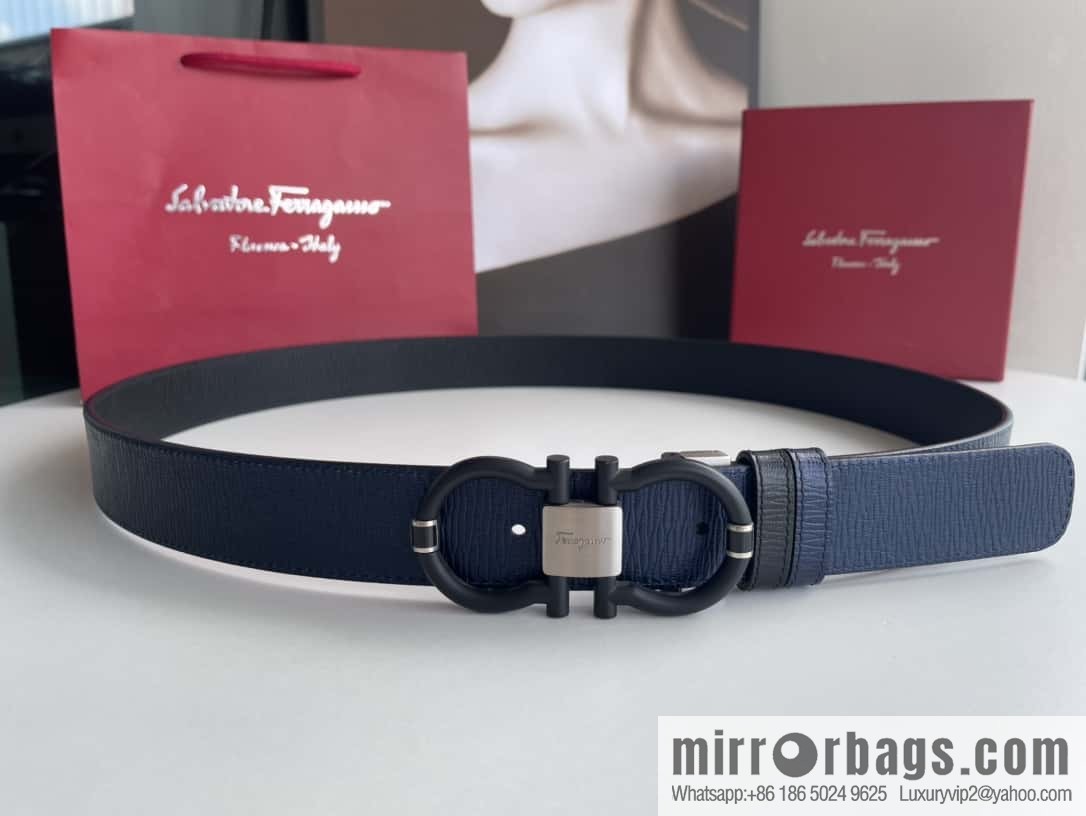 Salvatore Ferragamo Men's 3.5cm Delicate Double Circle Horseshoe Counter Version Metal Buckle Imported First Layer Cowhide Embossed Belt