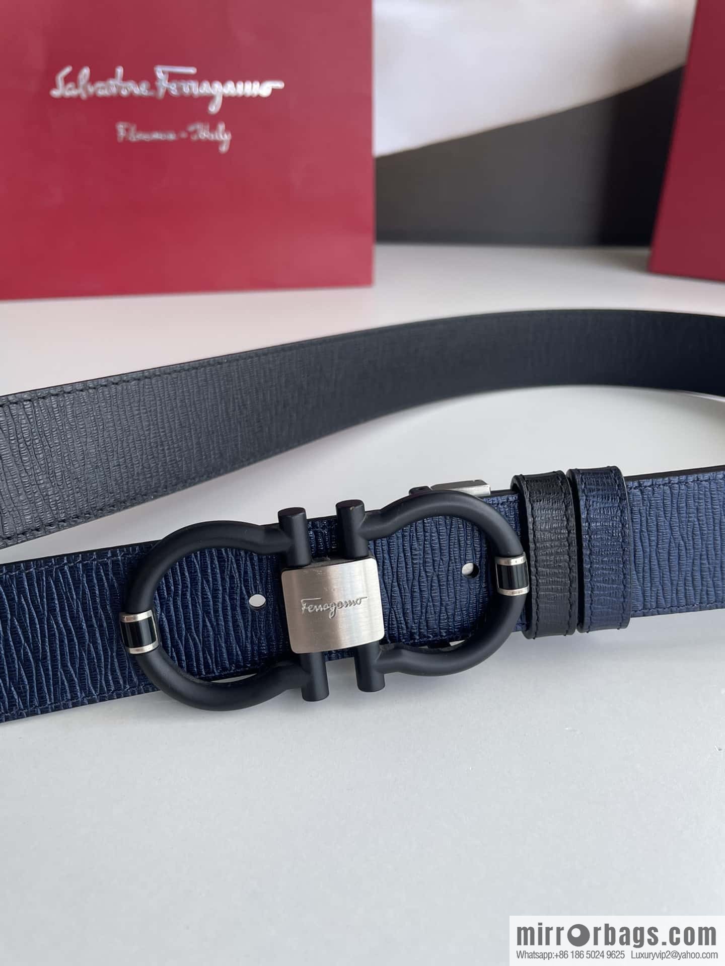 Salvatore Ferragamo Men's 3.5cm Delicate Double Circle Horseshoe Counter Version Metal Buckle Imported First Layer Cowhide Embossed Belt