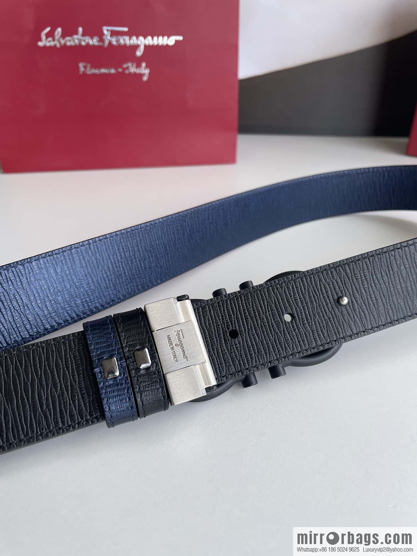 Salvatore Ferragamo Men's 3.5cm Delicate Double Circle Horseshoe Counter Version Metal Buckle Imported First Layer Cowhide Embossed Belt