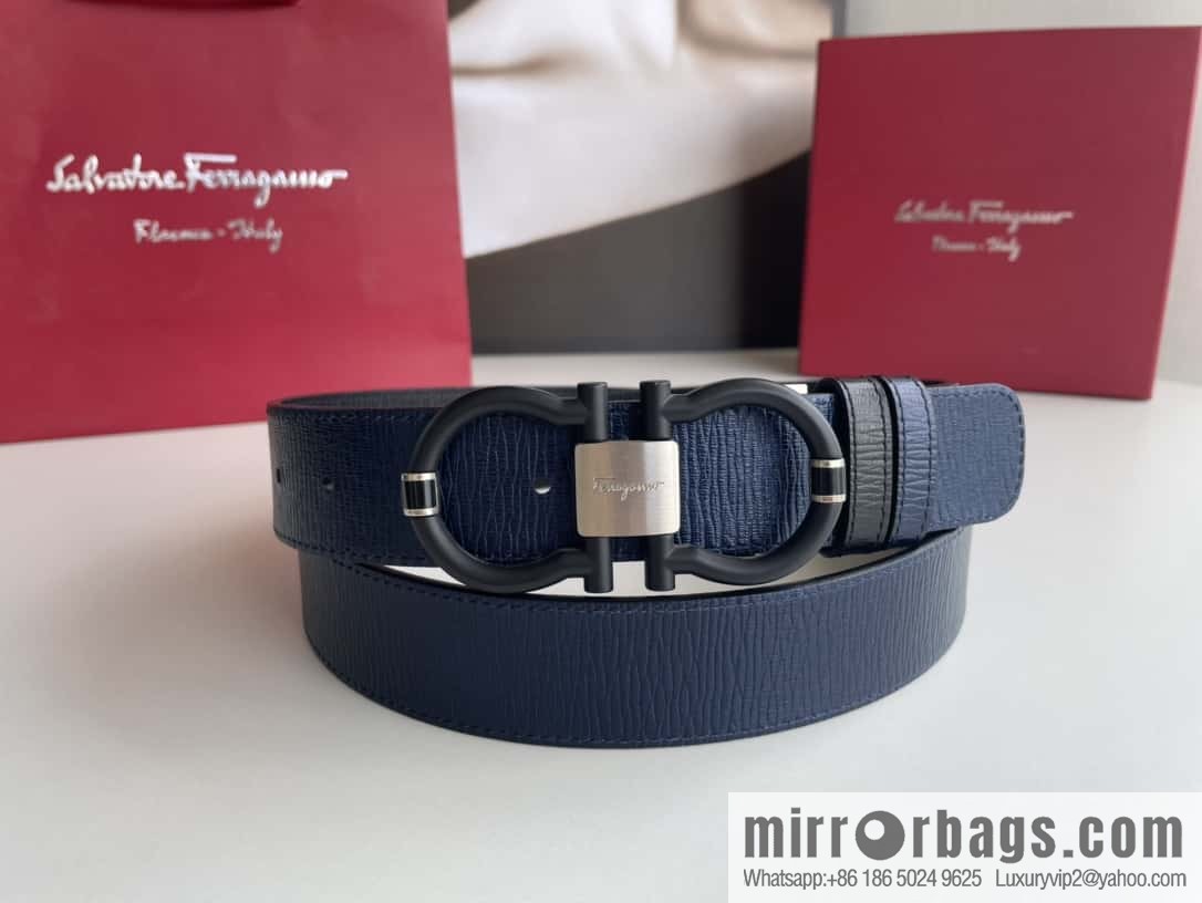 Salvatore Ferragamo Men's 3.5cm Delicate Double Circle Horseshoe Counter Version Metal Buckle Imported First Layer Cowhide Embossed Belt