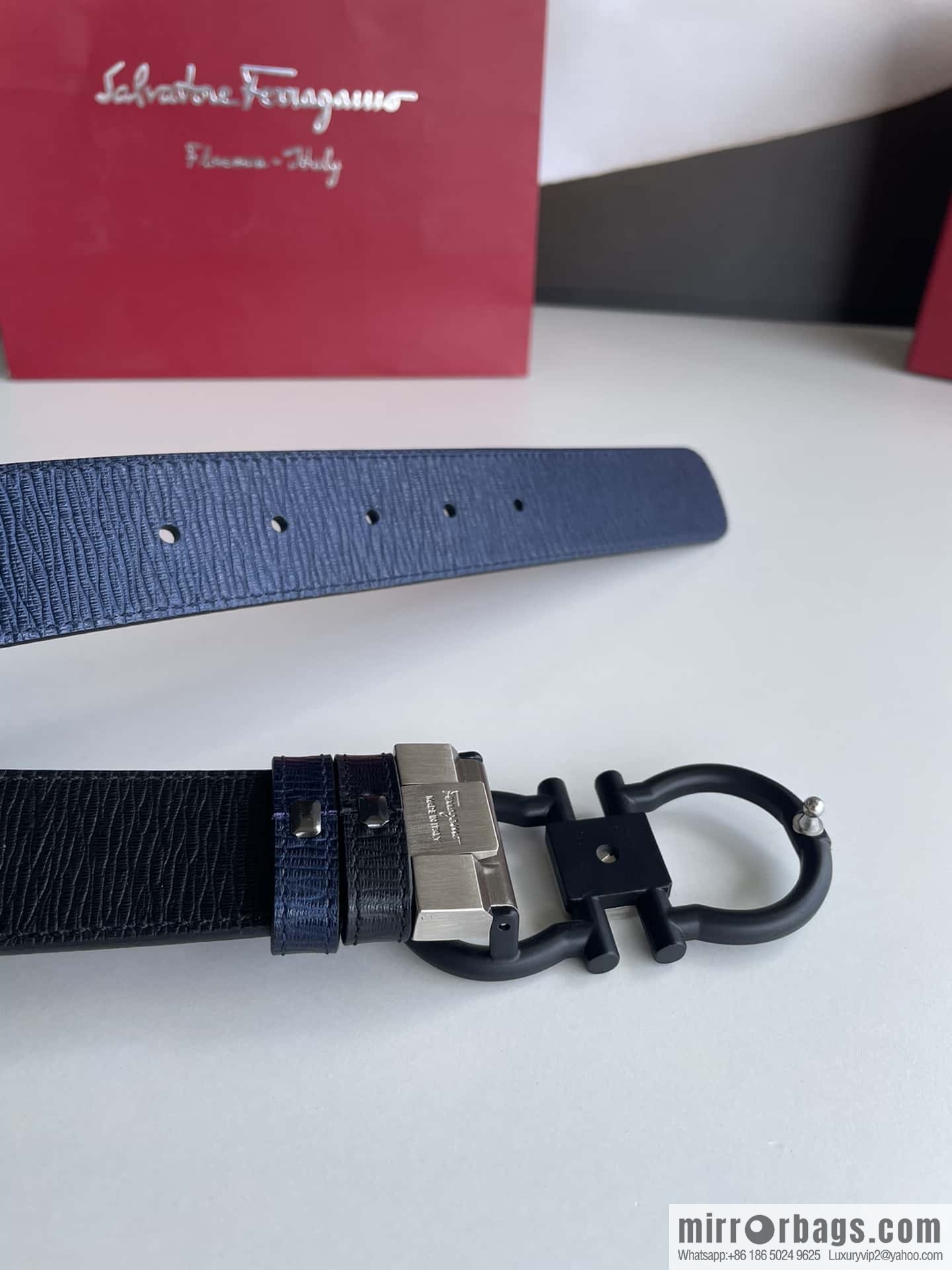 Salvatore Ferragamo Men's 3.5cm Delicate Double Circle Horseshoe Counter Version Metal Buckle Imported First Layer Cowhide Embossed Belt