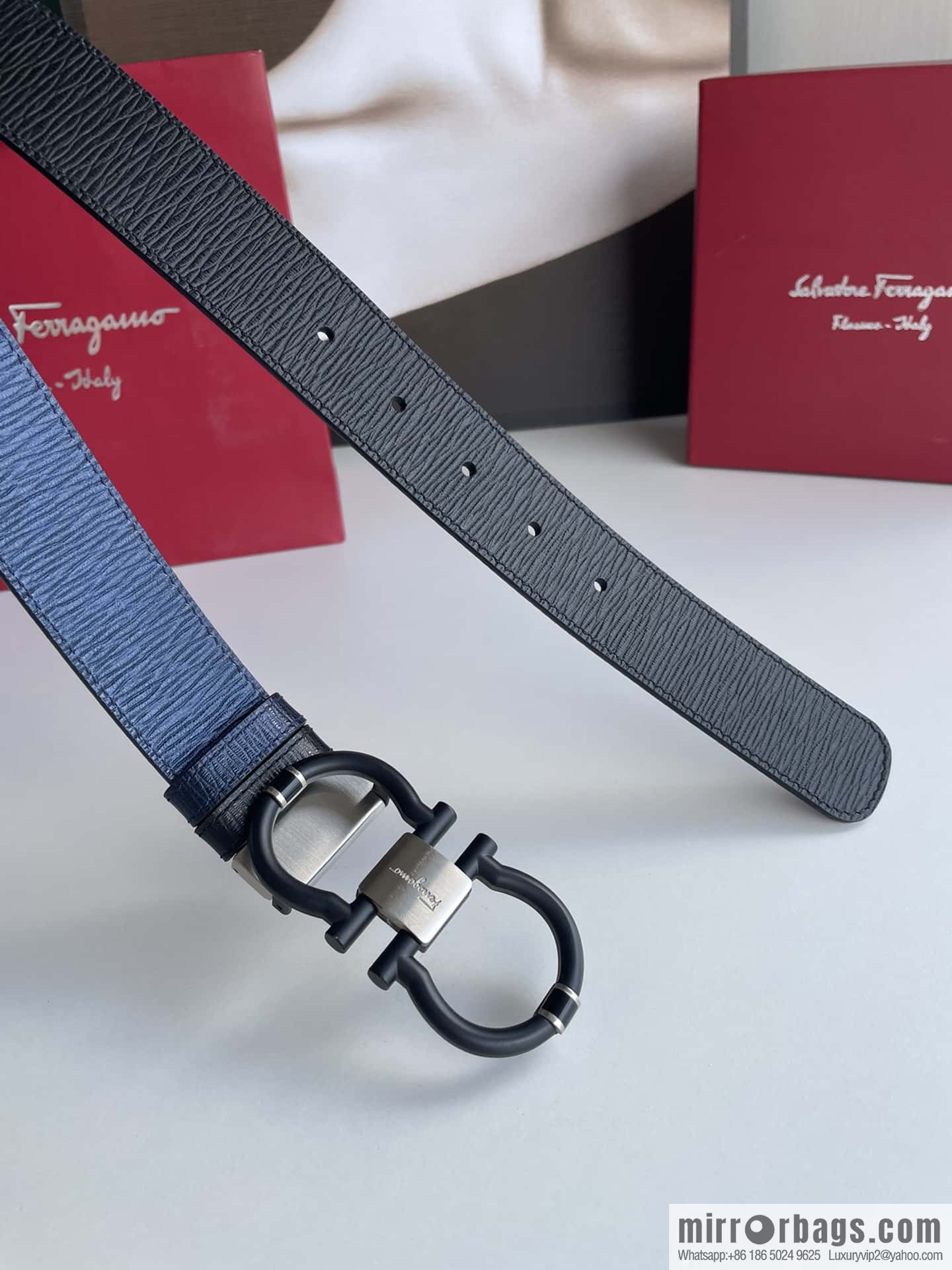 Salvatore Ferragamo Men's 3.5cm Delicate Double Circle Horseshoe Counter Version Metal Buckle Imported First Layer Cowhide Embossed Belt