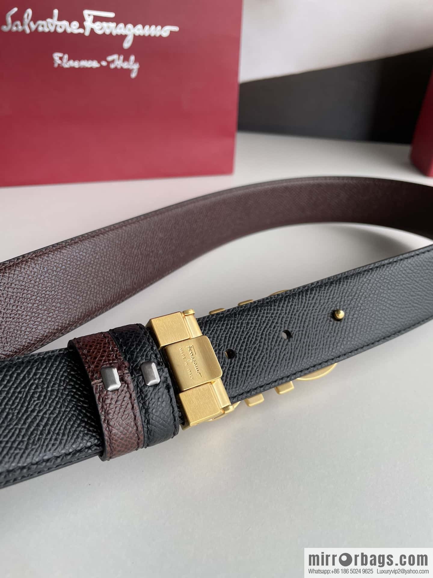 Ferragamo Ferragamo, double-sided with delicate first-layer cowhide cross-textured belt 3.5cm