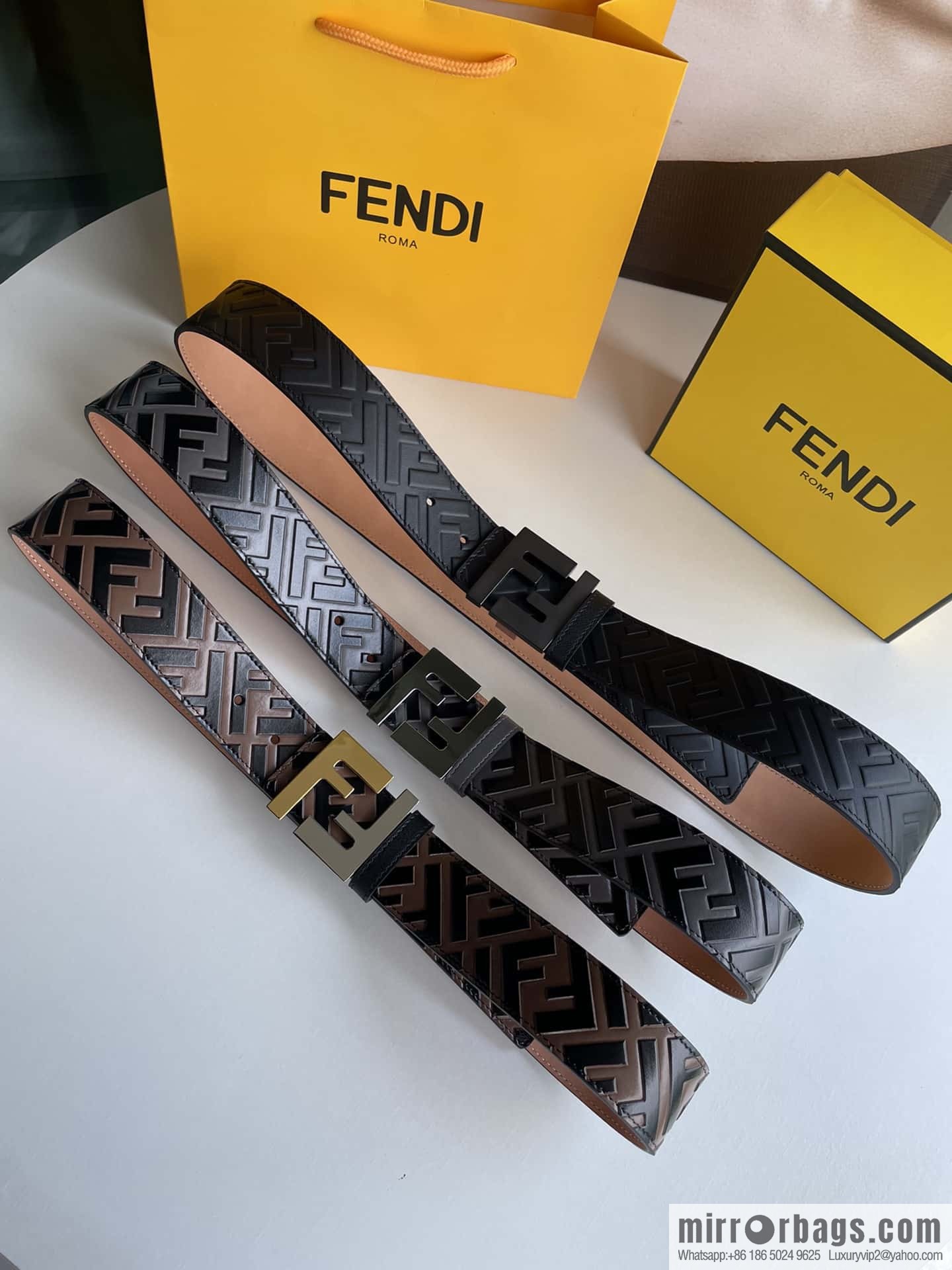 FENDI Fendi Men's FF Micro Standard Exquisite Craft Metal Buckle, First Layer Cowhide Belt 4.0cm