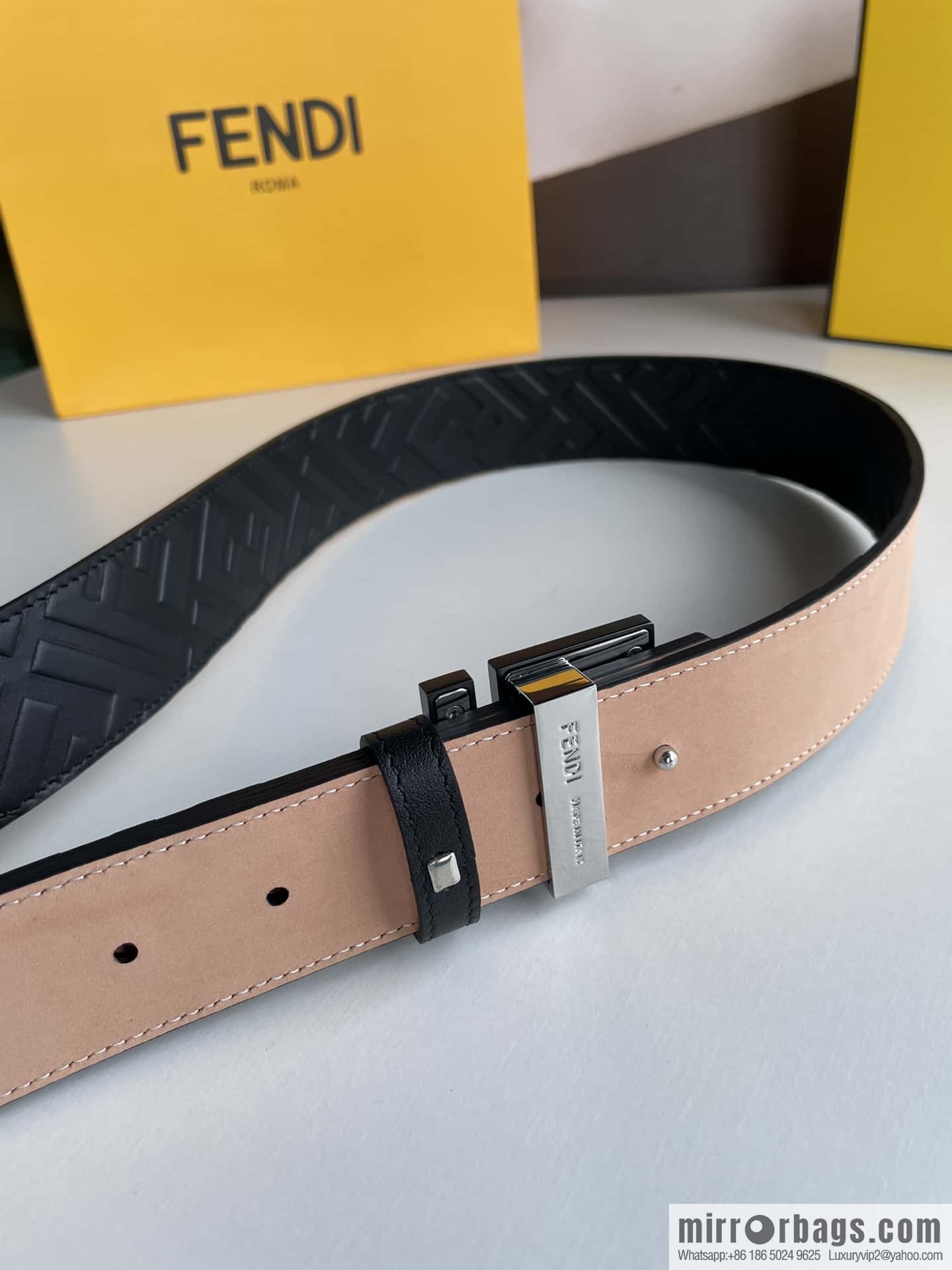 FENDI Fendi Men's FF Micro Standard Exquisite Craft Metal Buckle, First Layer Cowhide Belt 4.0cm