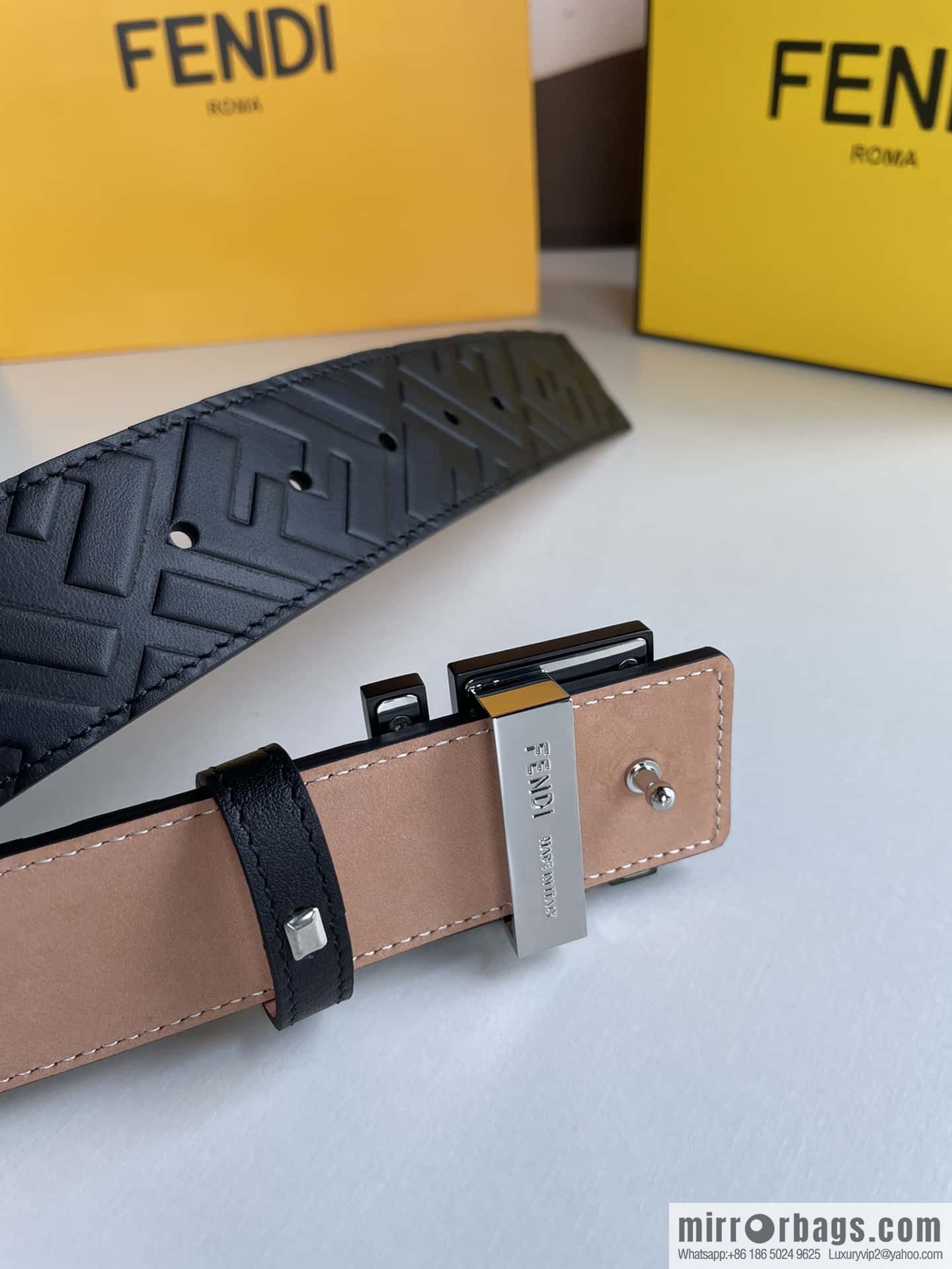 FENDI Fendi Men's FF Micro Standard Exquisite Craft Metal Buckle, First Layer Cowhide Belt 4.0cm