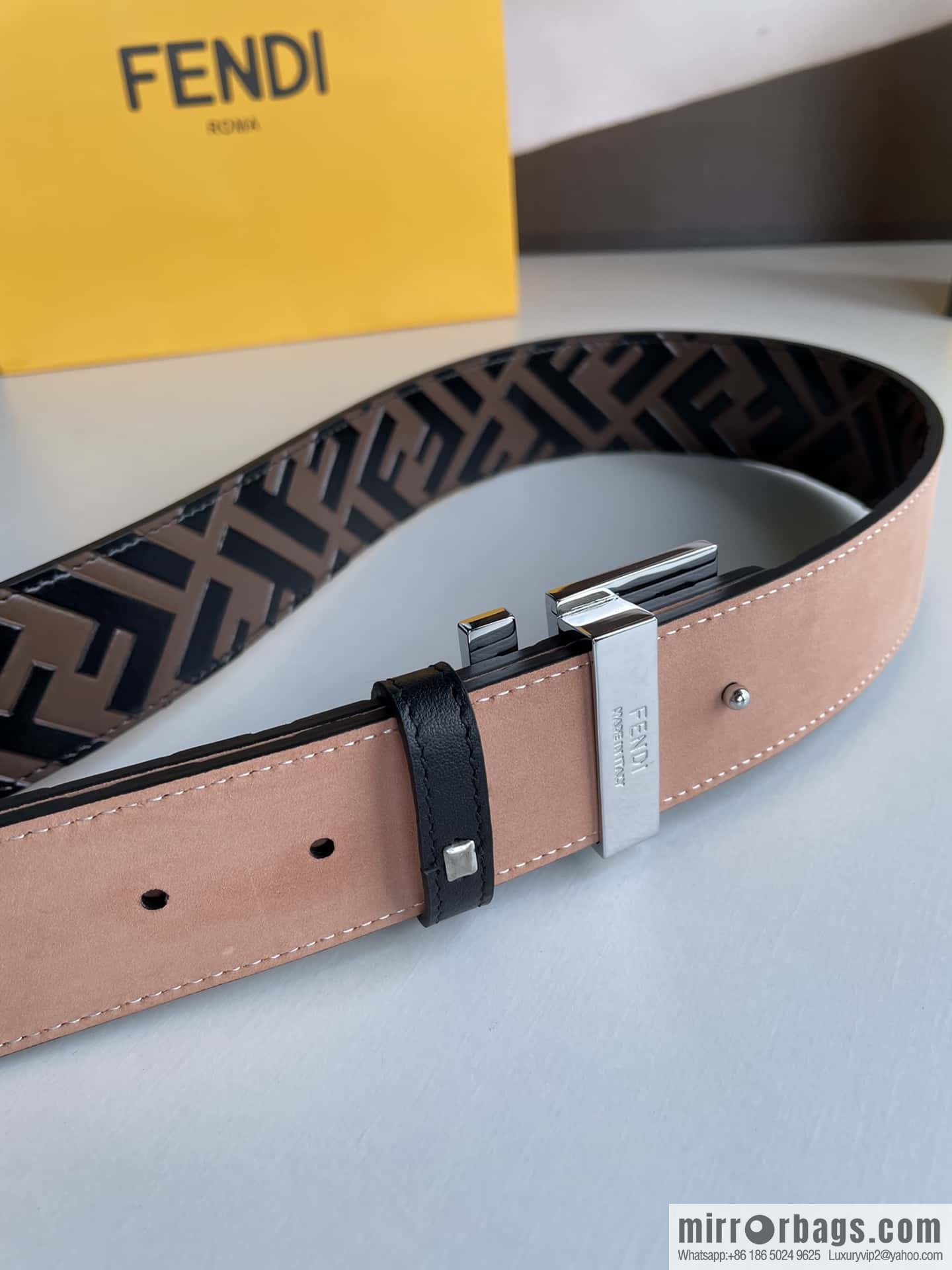 FENDI Fendi Men's FF Micro Standard Exquisite Craft Metal Buckle, First Layer Cowhide Belt 4.0cm