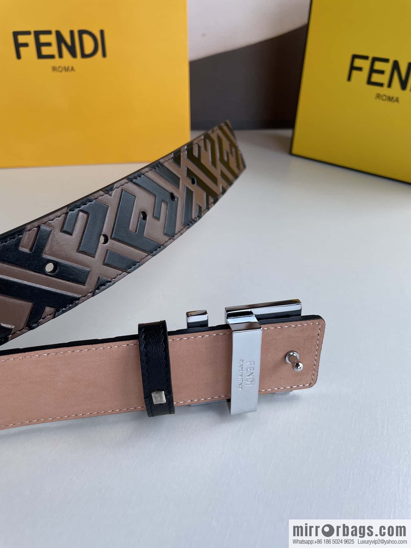 FENDI Fendi Men's FF Micro Standard Exquisite Craft Metal Buckle, First Layer Cowhide Belt 4.0cm