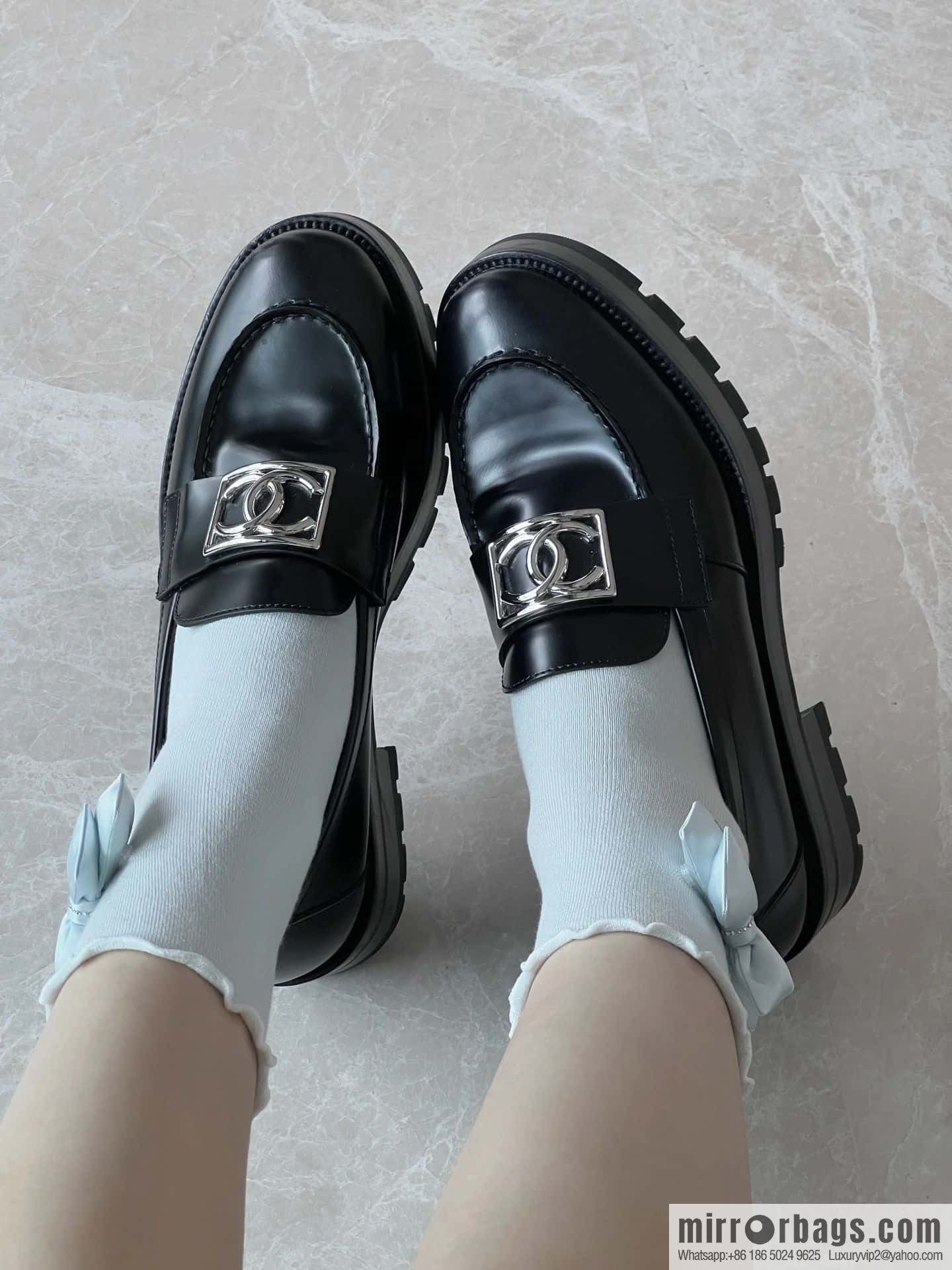 CHANEL Xiaoxiang double C silver big logo platform loafers