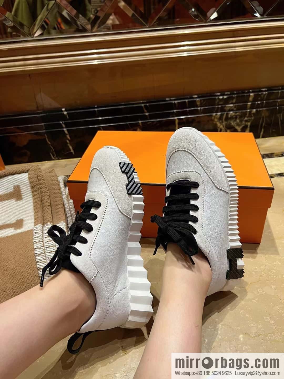 Hermes black and white leather casual sneakers