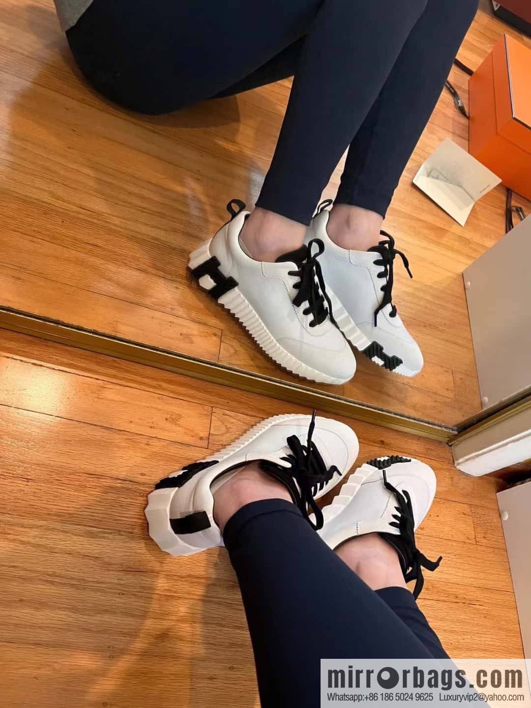 Hermes black and white leather casual sneakers