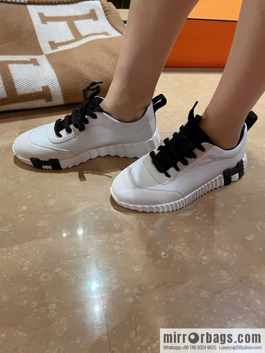 Hermes black and white leather casual sneakers