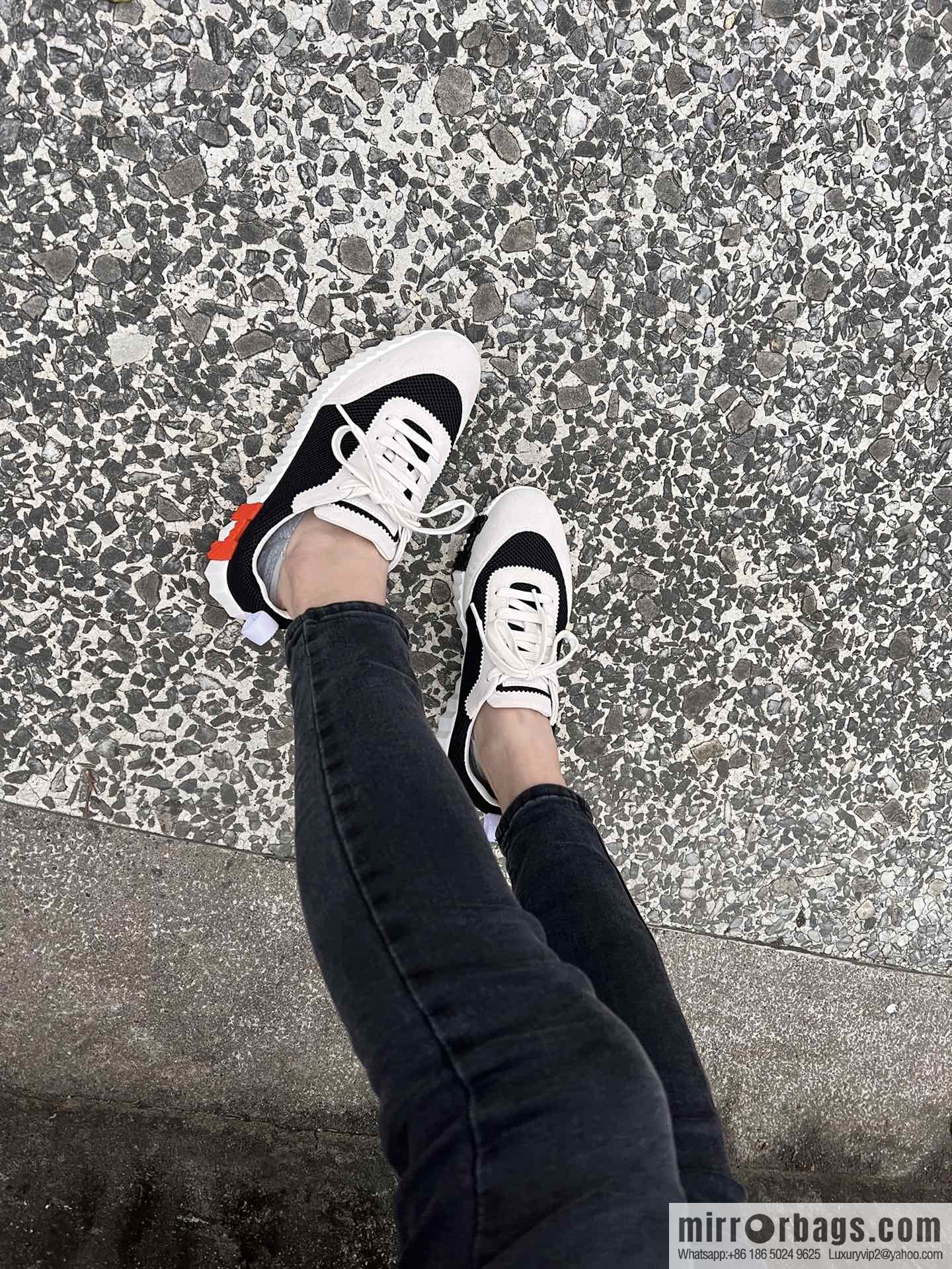 Hermes black and white panda mesh breathable sneakers
