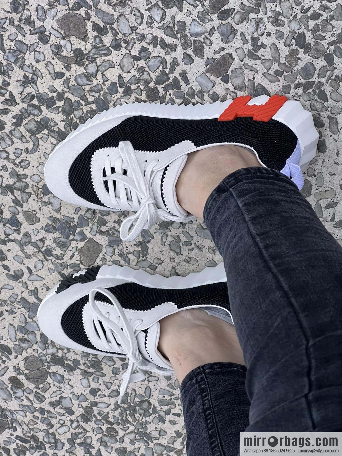 Hermes black and white panda mesh breathable sneakers
