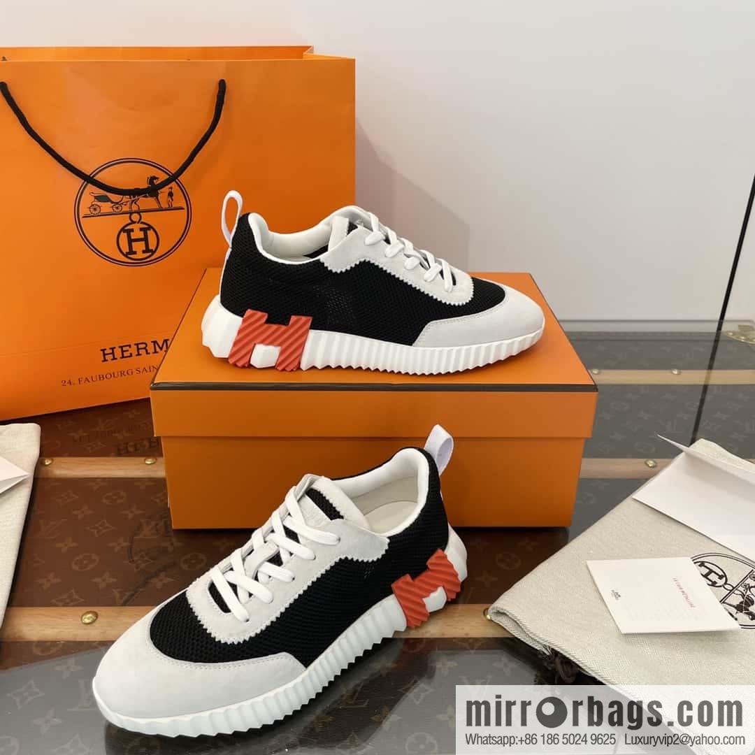 Hermes black and white panda mesh breathable sneakers