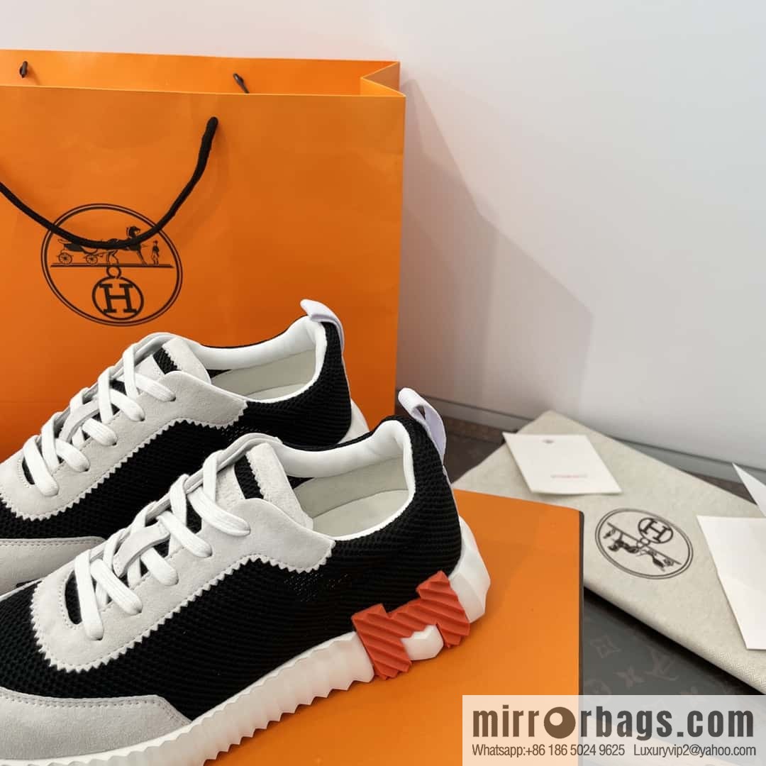 Hermes black and white panda mesh breathable sneakers