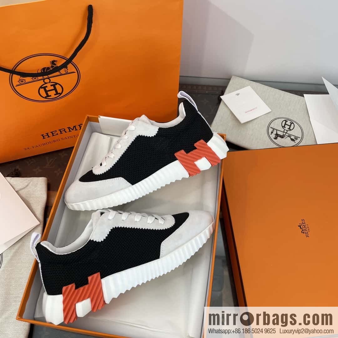 Hermes black and white panda mesh breathable sneakers