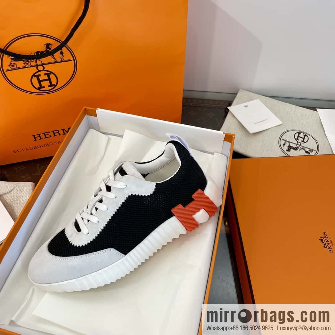 Hermes black and white panda mesh breathable sneakers