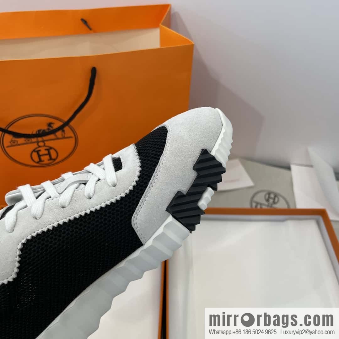 Hermes black and white panda mesh breathable sneakers