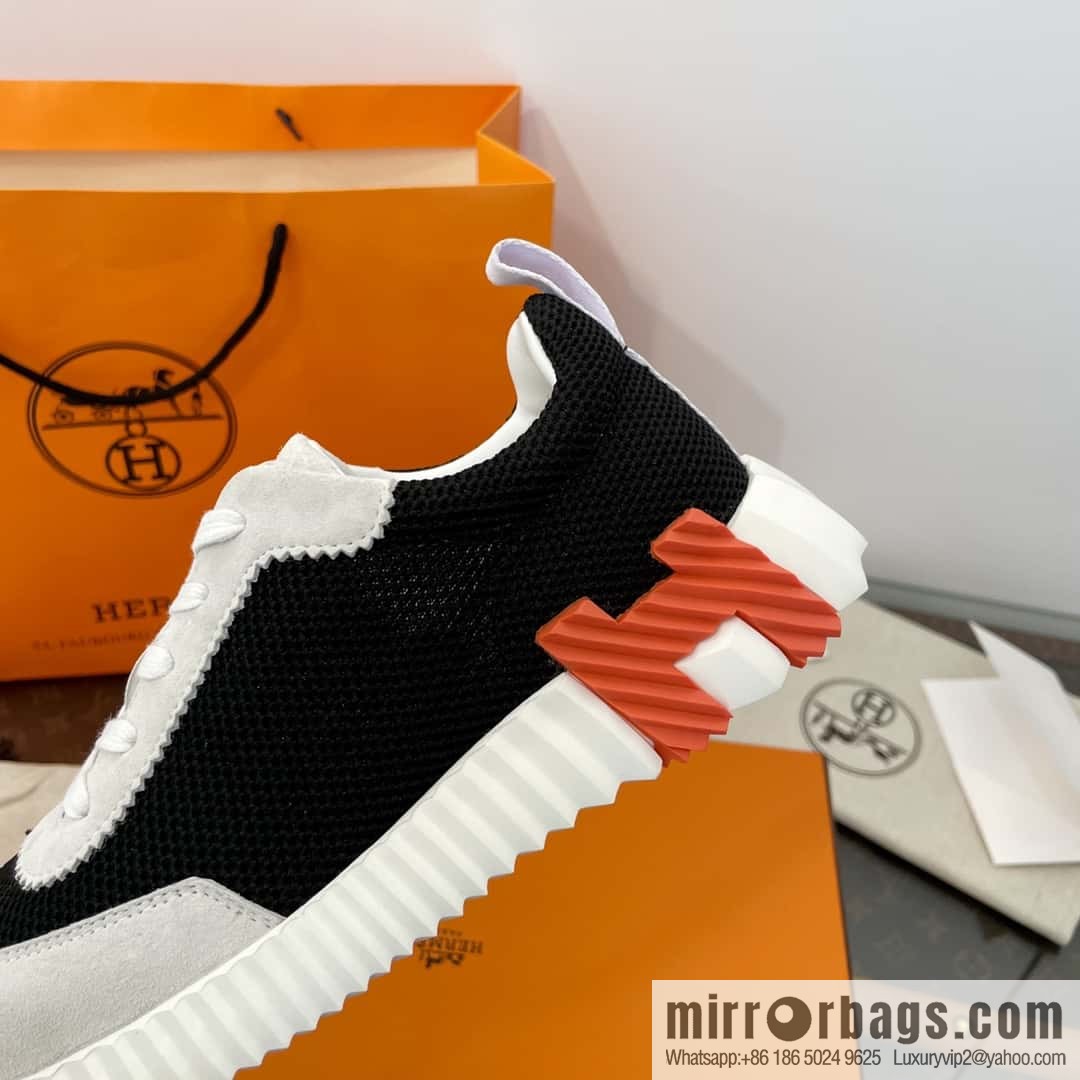 Hermes black and white panda mesh breathable sneakers
