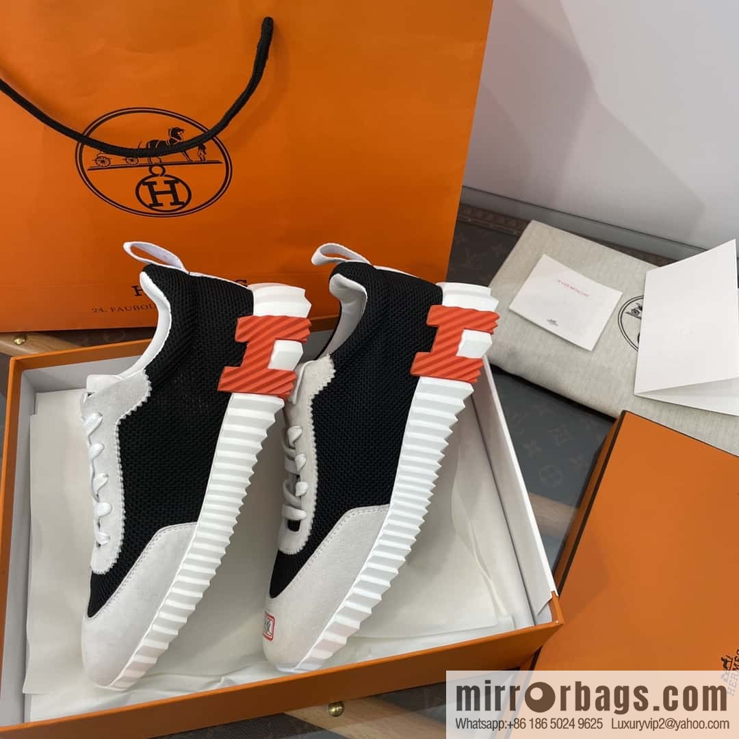 Hermes black and white panda mesh breathable sneakers