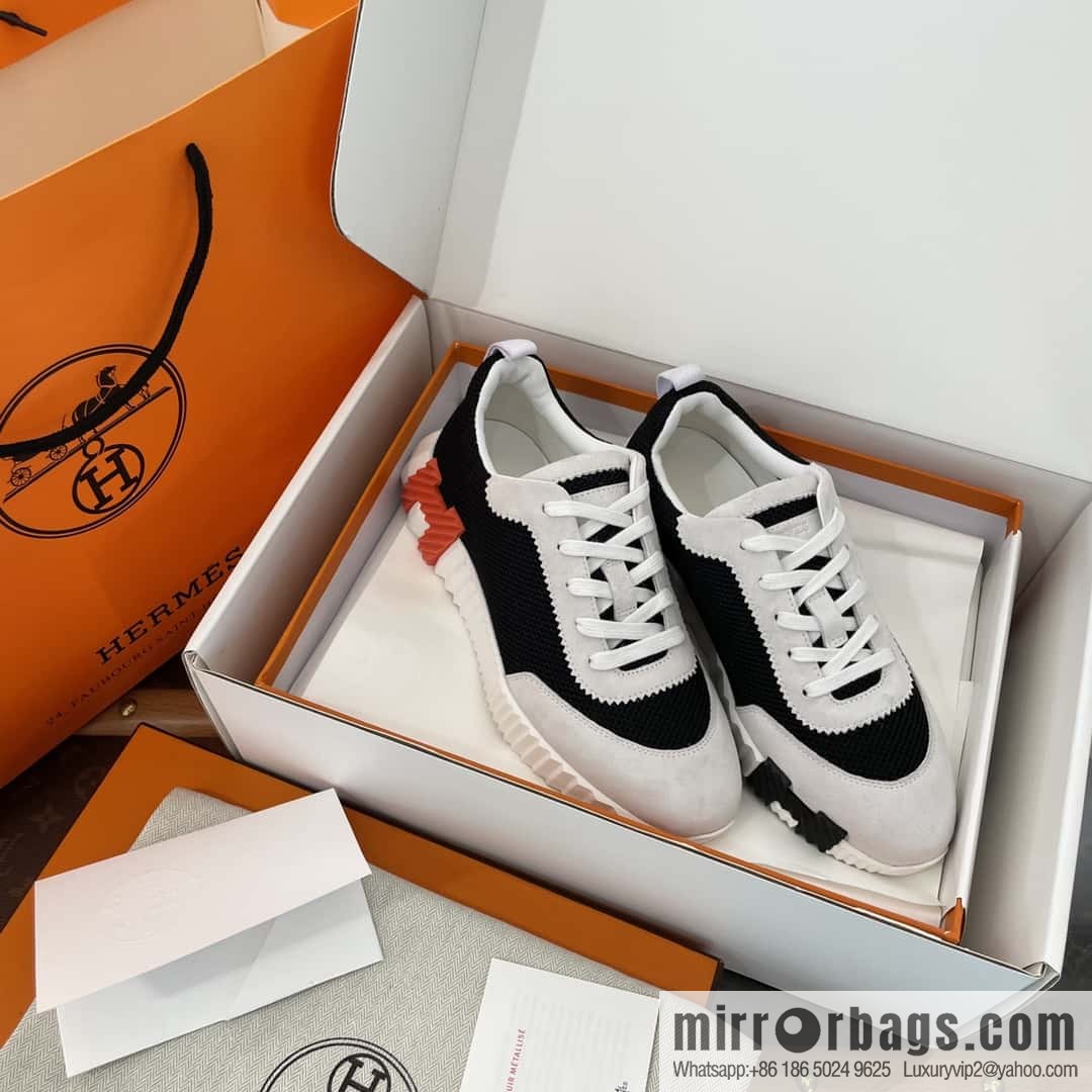 Hermes black and white panda mesh breathable sneakers