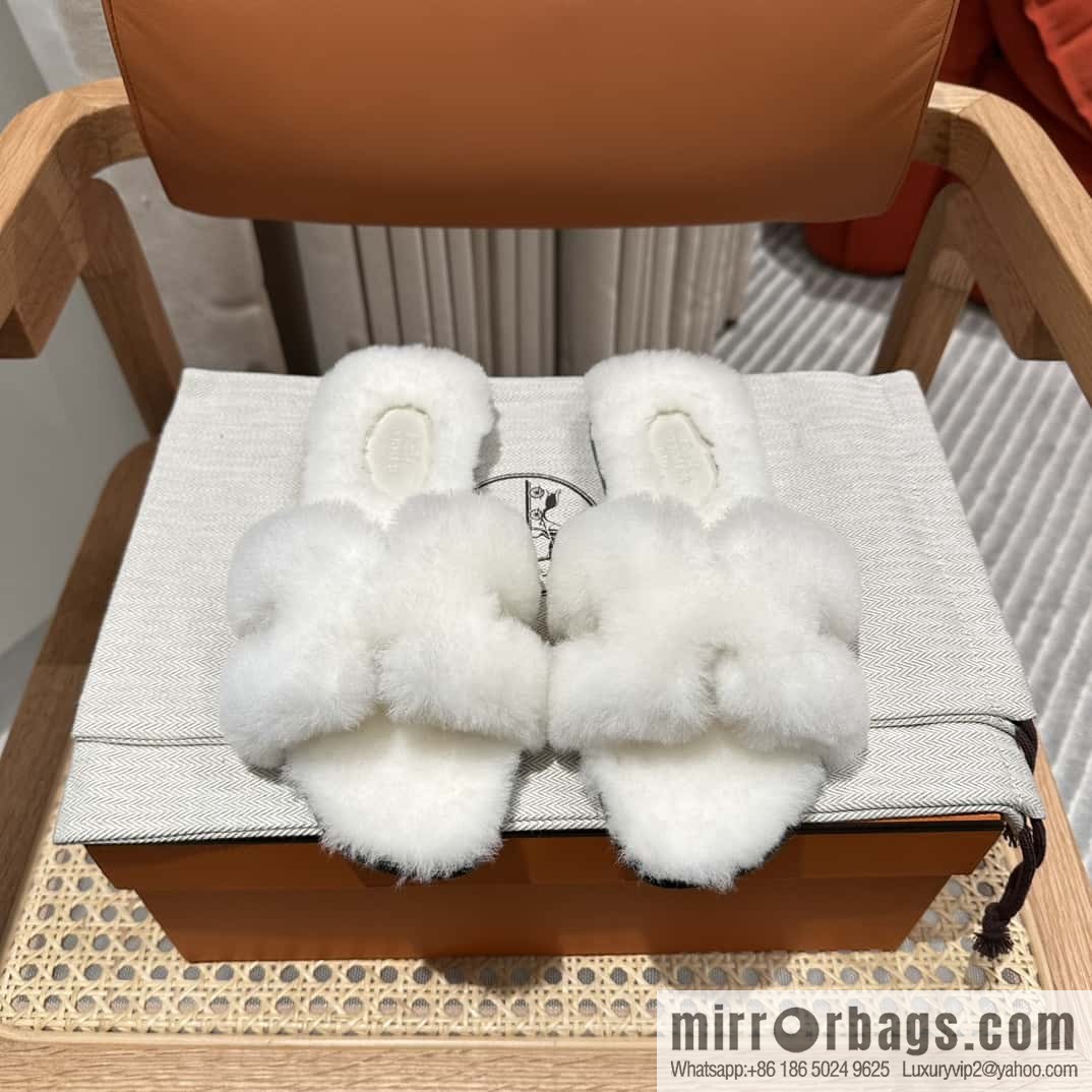 Hermès Mink Fur Slippers, White