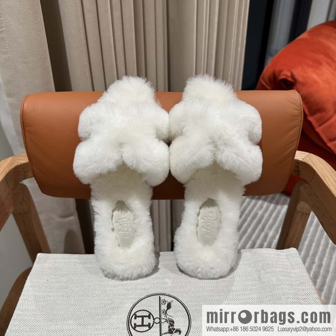 Hermès Mink Fur Slippers, White