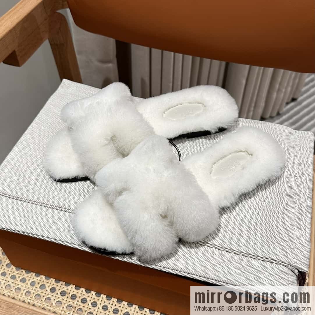 Hermès Mink Fur Slippers, White