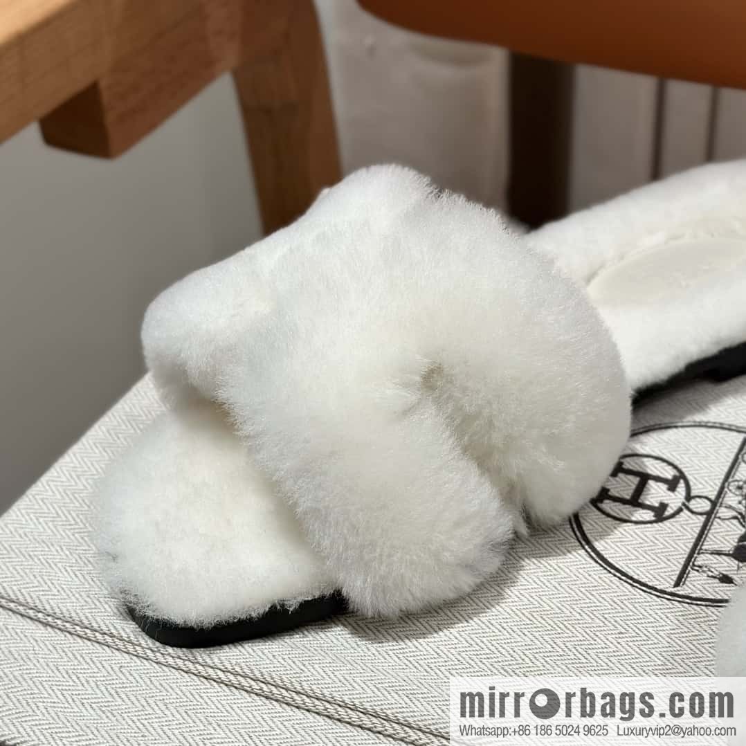 Hermès Mink Fur Slippers, White