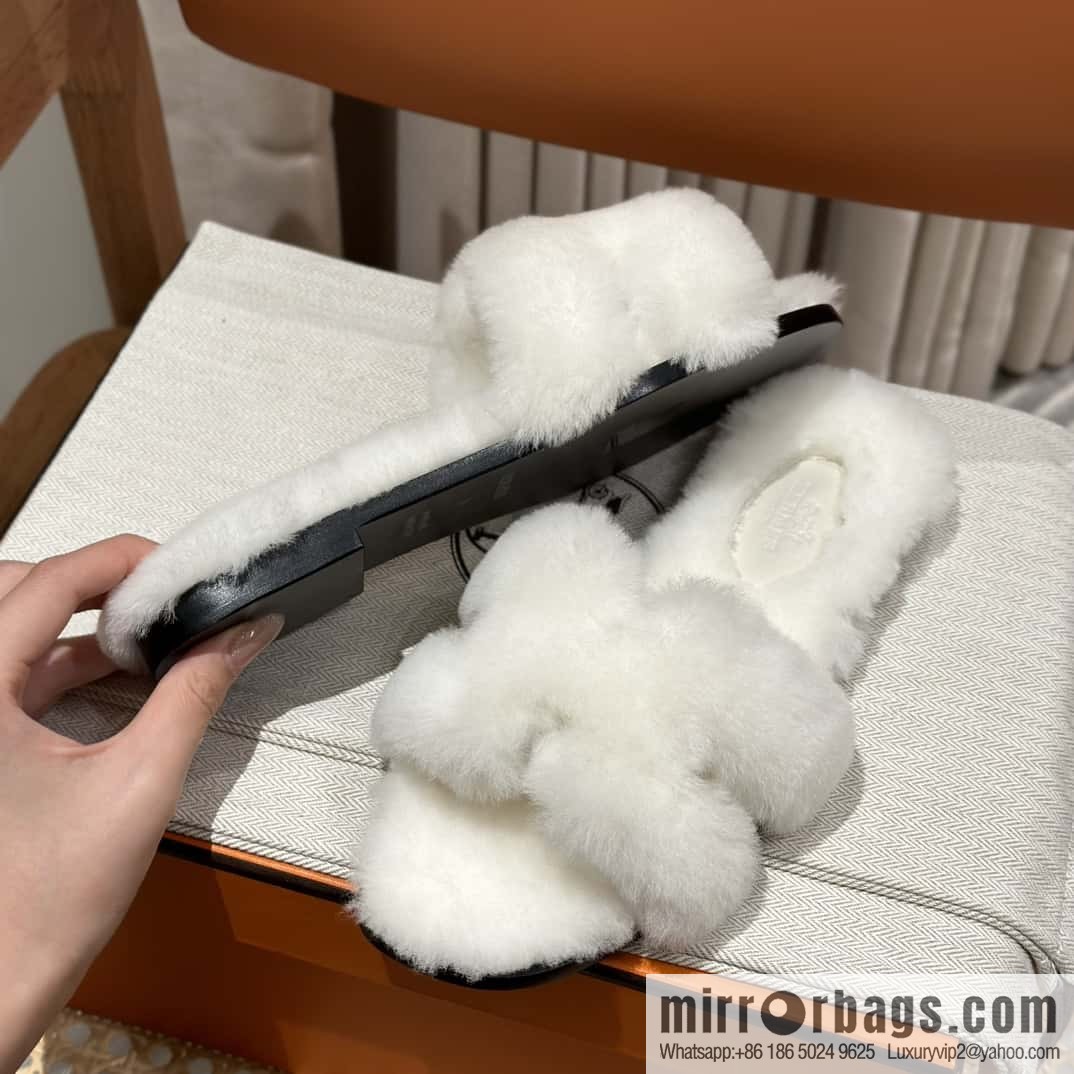 Hermès Mink Fur Slippers, White
