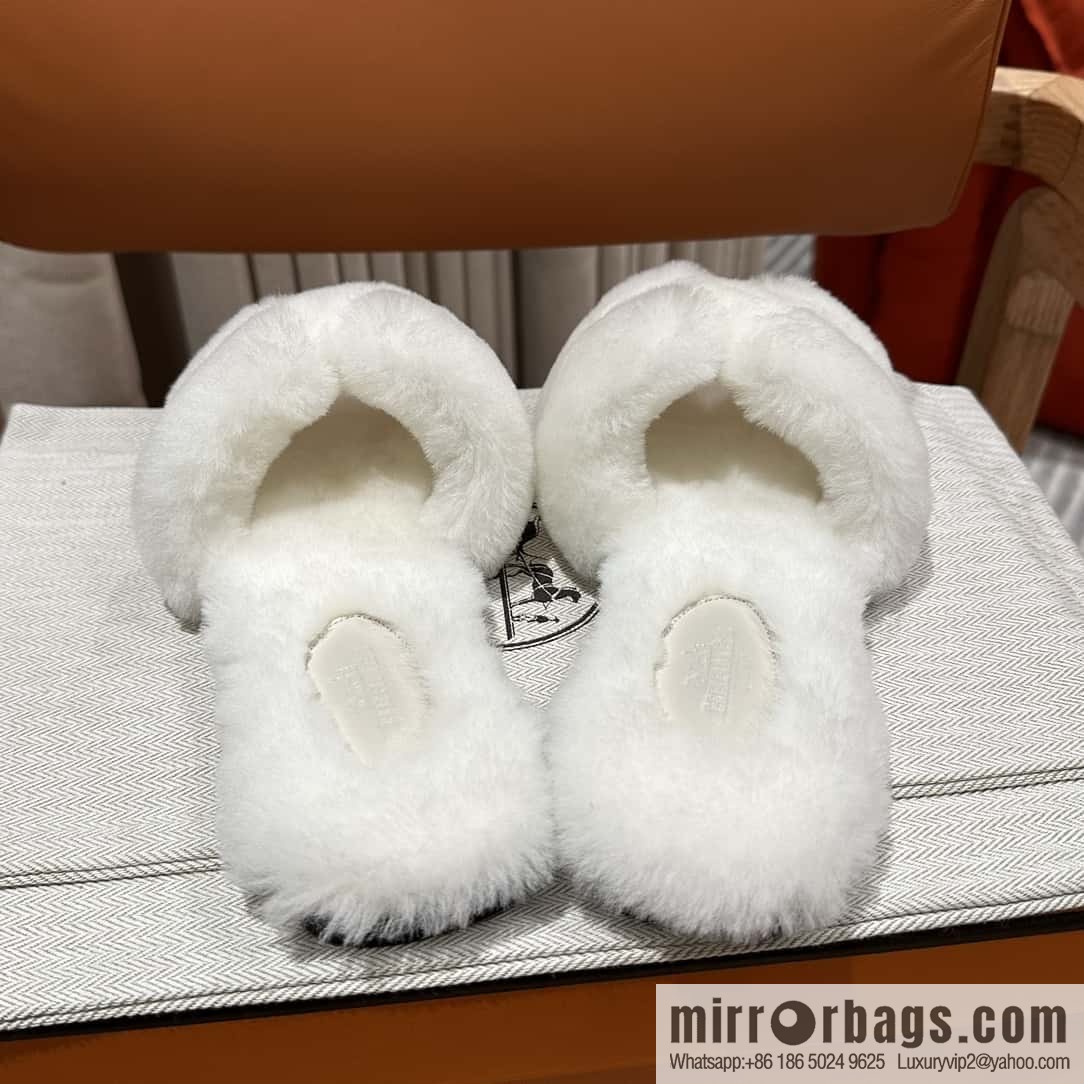 Hermès Mink Fur Slippers, White