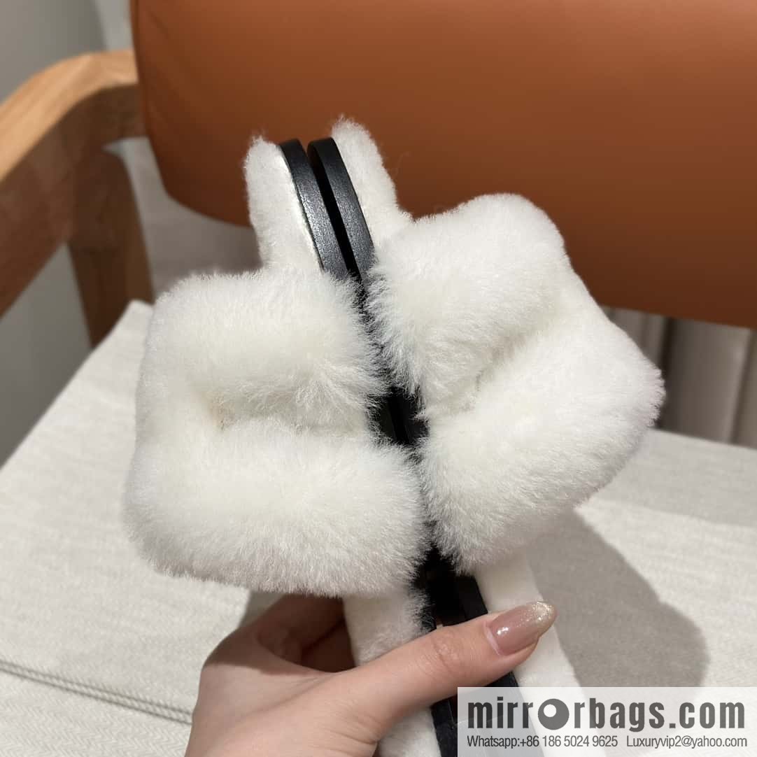 Hermès Mink Fur Slippers, White