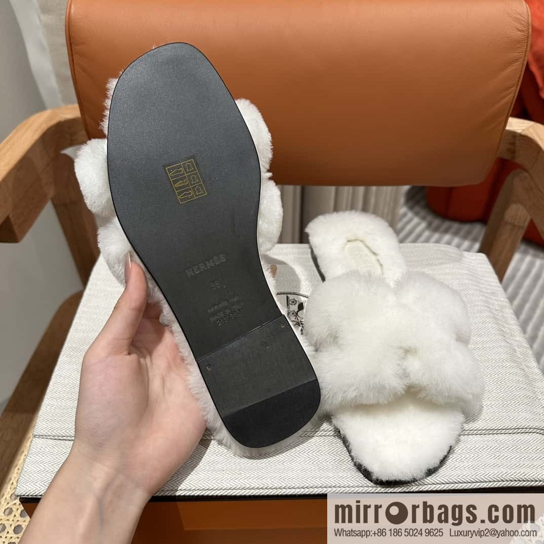 Hermès Mink Fur Slippers, White