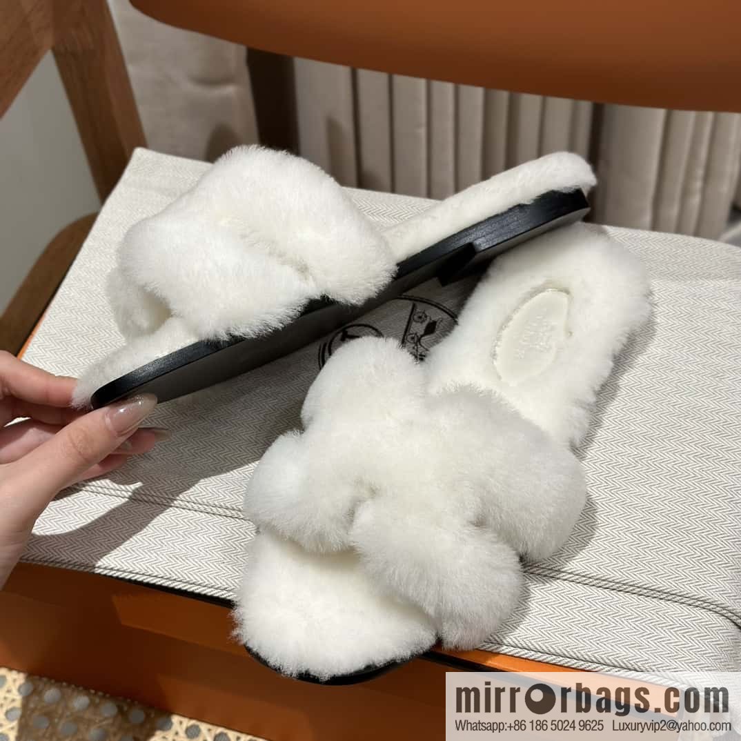 Hermès Mink Fur Slippers, White