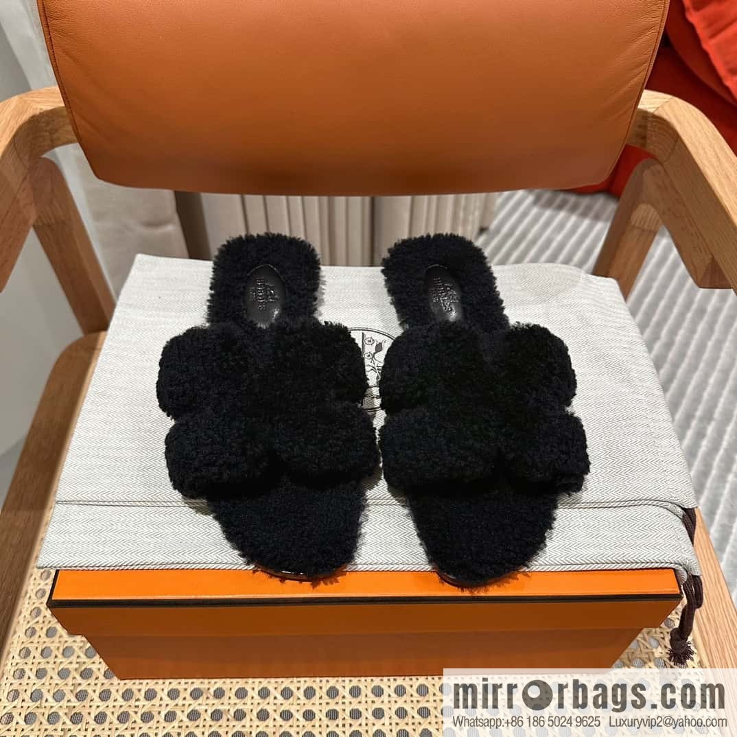 Hermès Mink Fur Slippers, Black