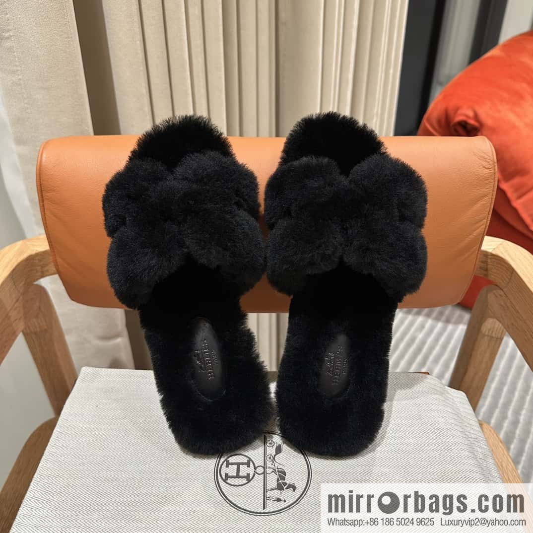 Hermès Mink Fur Slippers, Black