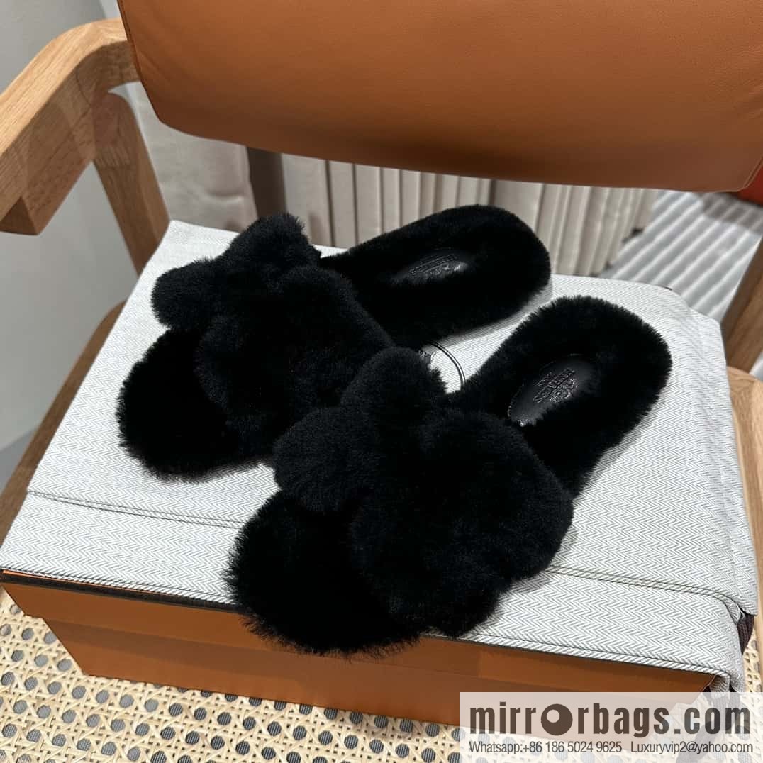 Hermès Mink Fur Slippers, Black