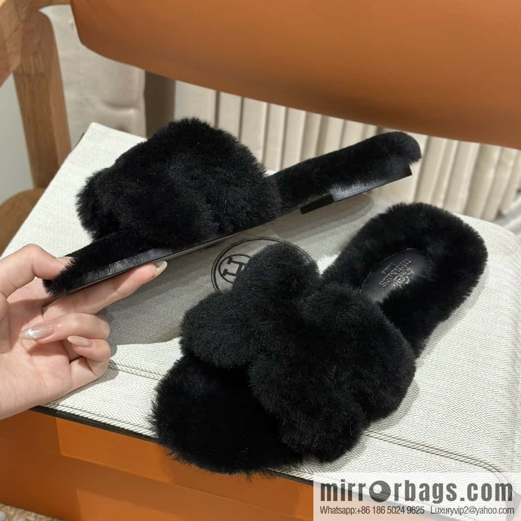 Hermès Mink Fur Slippers, Black