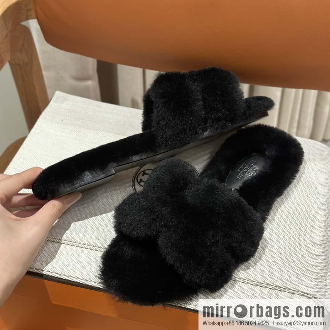 Hermès Mink Fur Slippers, Black