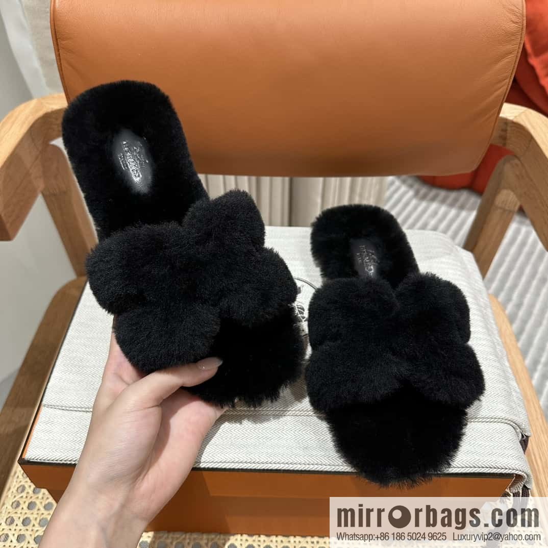 Hermès Mink Fur Slippers, Black