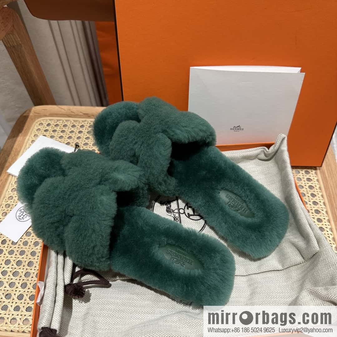 Hermès mink slippers, green