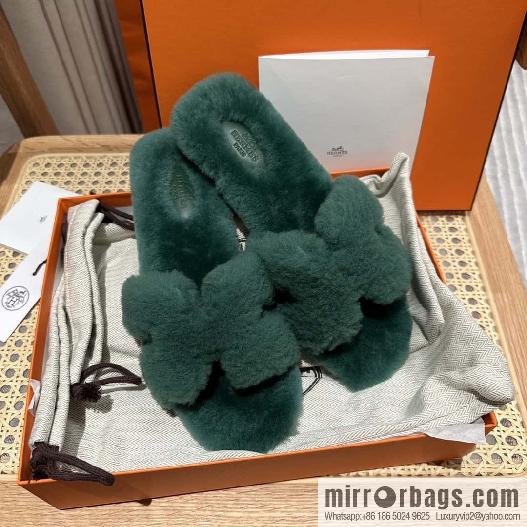 Hermès mink slippers, green